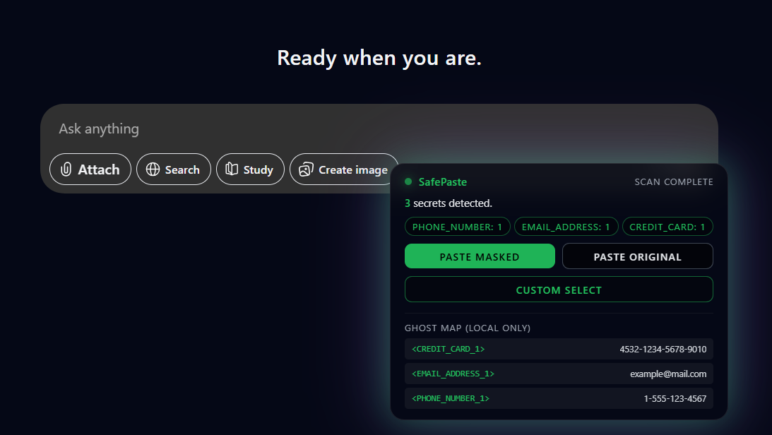 SafePaste working in ChatGPT - showing detected entities and redaction options